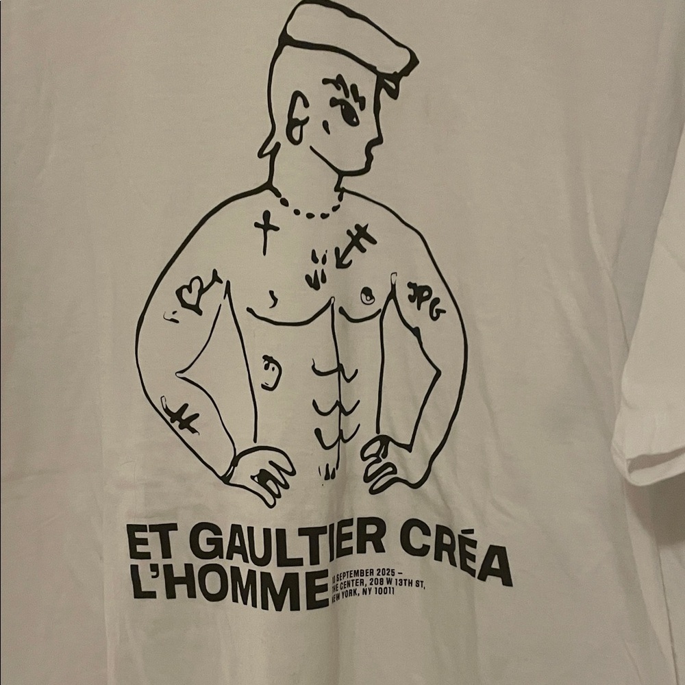 Jean Paul Gaultier White Crewneck Tee with Black Line-Art Tattoo Graphic.